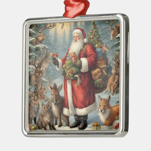 Victoriaans kerstman met Cadeau en bosdieren Metalen Ornament (Links)