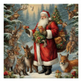 Victoriaans kerstman met Cadeau en bosdieren Perfect Poster (Voorkant)