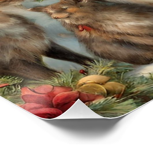 Victoriaans kerstman met Cadeau en bosdieren Perfect Poster (Hoek)