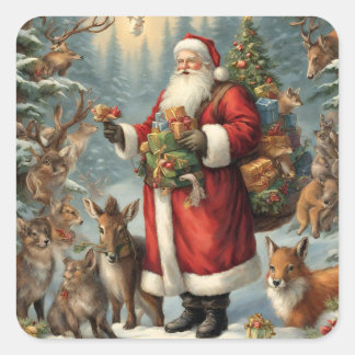 Victoriaans kerstman met Cadeau en bosdieren Vierkante Sticker