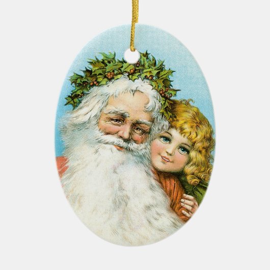 Victoriaans kerstman met meisje keramisch ornament (Voorkant)