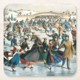 Victoriaans Kerstmis Central Park Currier & Ives Vierkante Kartonnen Onderzetter