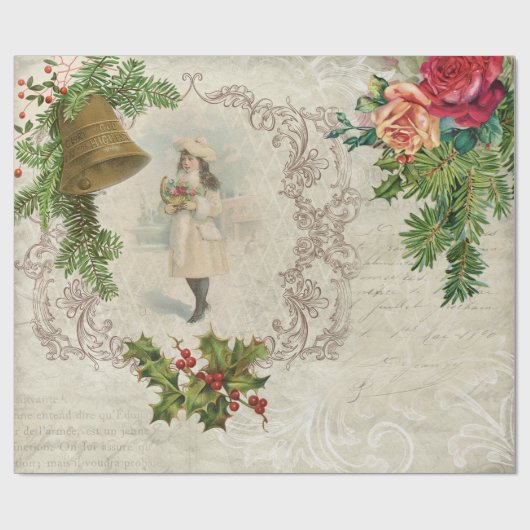 Victoriaans kerstRoos, pine en Holly Collage Cadeaupapier (Vlak)