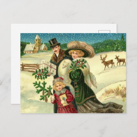 Victoriaans kerstscène in de sneeuw briefkaart (Voorkant / Achterkant)