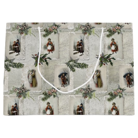 Victoriaans kerstvignetten met wintergroen groot cadeauzakje (Voorkant)