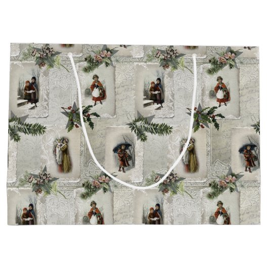 Victoriaans kerstvignetten met wintergroen groot cadeauzakje (Achterkant)