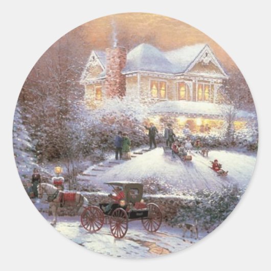 Victoriaans kerstwinterscène ronde sticker (Voorkant)