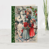 Victoriaans kinderen bouwen een sneeuwpop feestdagen kaart (Voorkant)