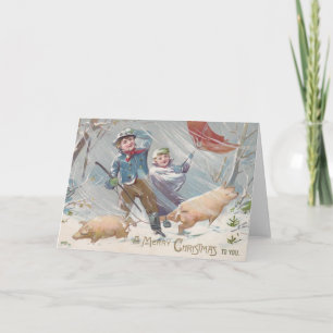 Victoriaans kinderen en varkens Kerst Kaart