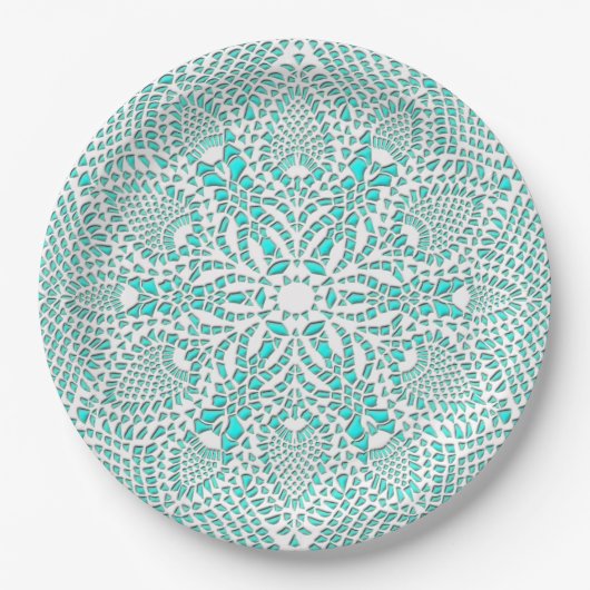 Victoriaans Lace Doily Turquoise Achtergrond Papieren Bordje (Voorkant)
