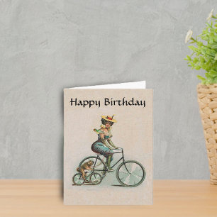  Victoriaans Lady Dog Bicycle Birthday Kaart