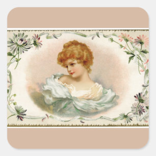  Victoriaans Lady Floral Beige Square Sticker