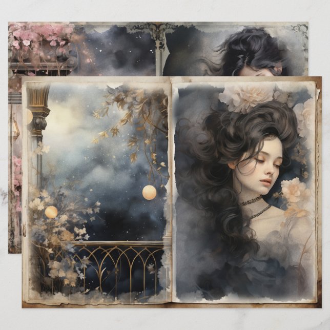 Victoriaans Lady Midnight Blue Junk Journal Pages (Voorkant / Achterkant)