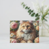 Victoriaans Maine Coon Kat met Roze Rozen Briefkaart (Staand voorkant)