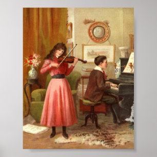 Victoriaans Man speelt violin Piano-kunst Poster