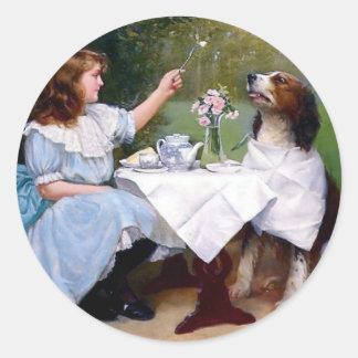 Victoriaans Meisje en Pet Dog Tafel Manners schild Ronde Sticker