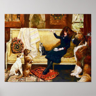 Victoriaans meisje met huisdieren poster