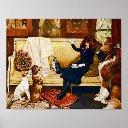 Victoriaans meisje met huisdieren poster (Voorkant)