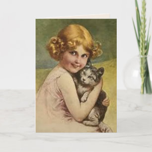 VICTORIAANS MEISJE MET KAT VINTAGE Wenskaart Kaart