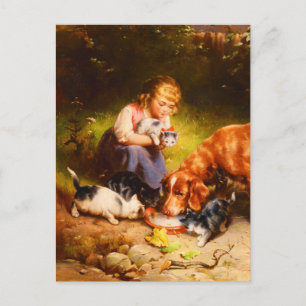 Victoriaans meisje met katjes en hond Fine Art Briefkaart