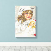 Victoriaans meisje met kerstmis met Doll in sneeuw Canvas Afdruk (Insitu (Houten vloer))