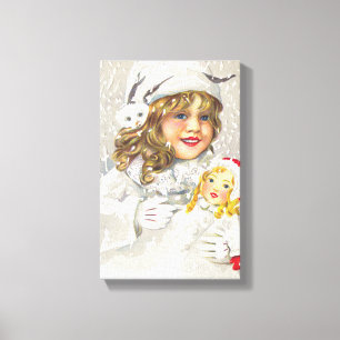Victoriaans meisje met kerstmis met Doll in sneeuw Canvas Afdruk