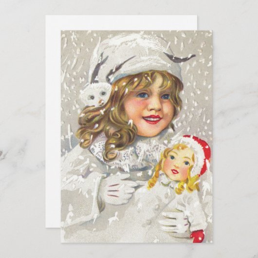 Victoriaans meisje met kerstmis met Doll in sneeuw Feestdagenkaart (Voorkant / Achterkant)