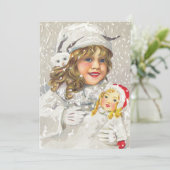 Victoriaans meisje met kerstmis met Doll in sneeuw Feestdagenkaart (Staand voorkant)