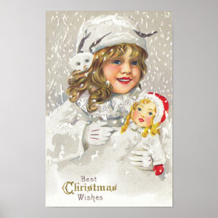 Victoriaans meisje met kerstmis met Doll in sneeuw Poster
