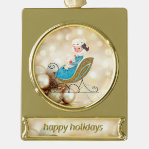 Victoriaans meisje met ouderwetse spiering verguld banner ornament