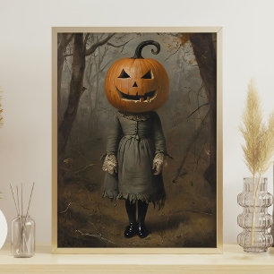 Victoriaans meisje met pompoenhoofd Halloween Wall Poster