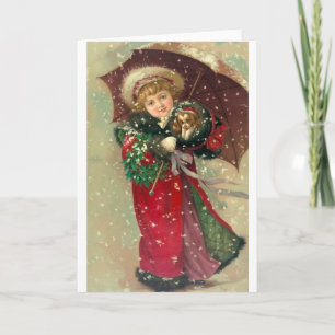 Victoriaans Meisje met Puppy Kerst Note Kaart