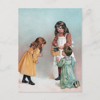 Victoriaans meisjes met Kitten in mandje Briefkaart