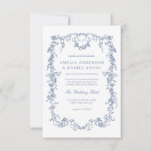 Victoriaans Monogram Frans Blauw Bloemen Bruiloft Kaart (Voorkant)