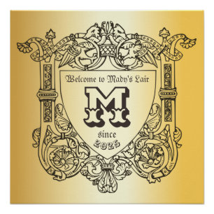 Victoriaans monogram Medieval Emblem Shield Gold Perfect Poster