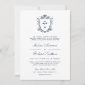 Victoriaans Navy Blue Catholic QR Code Wedding Kaart (Voorkant)