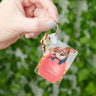  Victoriaans Pasen Groet Twee Konijntjes Kus Sleutelhanger