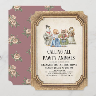  Victoriaans Pawty Animals Girl Birthday Kaart