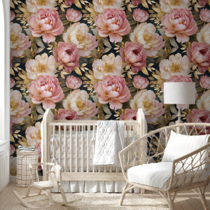 Victoriaans pioenroos roze witte bloem geschetst i behang