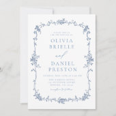 Victoriaans  QR Code Blauw Bloemen Bruiloft Kaart (Voorkant)