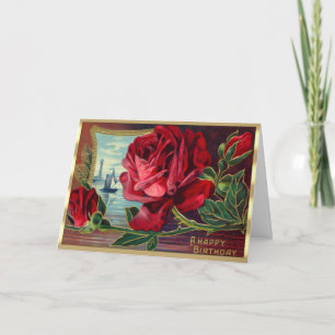 Victoriaans Red Flowers Water Boat Scene Birthday Kaart