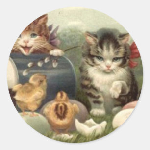 Victoriaans Retro Art Cats Kittens Pasen Ronde Sticker