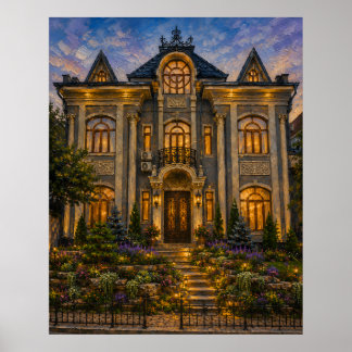 Victoriaans rijtjeshuis tuin olieverfschilderij po poster