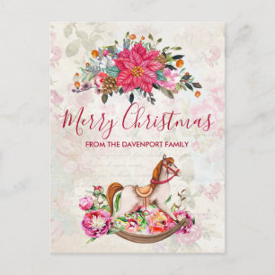Victoriaans Rocking Horse en Poinsettia Kerstmis Briefkaart