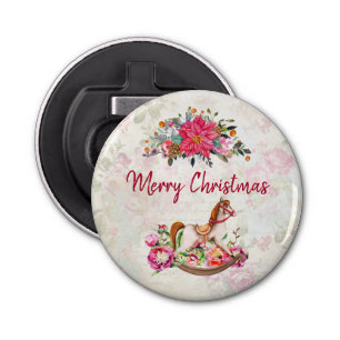 Victoriaans Rocking Horse en Poinsettia Kerstmis Button Flesopener