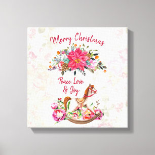 Victoriaans Rocking Horse en Poinsettia Kerstmis Canvas Afdruk