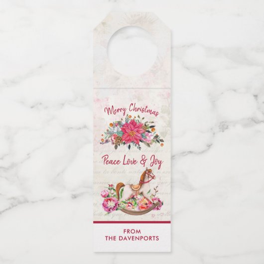 Victoriaans Rocking Horse en Poinsettia Kerstmis Flessenhanger (Voorkant)