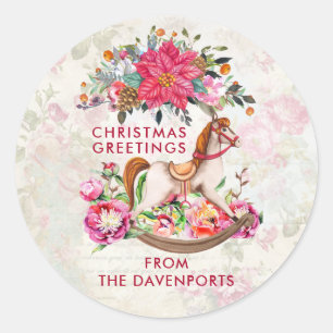 Victoriaans Rocking Horse en Poinsettia Kerstmis Ronde Sticker
