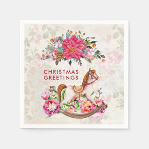 Victoriaans Rocking Horse en Poinsettia Kerstmis Servet
