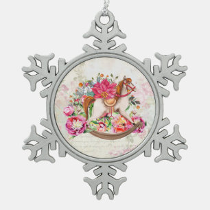 Victoriaans Rocking Horse en Poinsettia Kerstmis Tin Sneeuwvlok Ornament